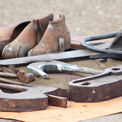 Essential tools for hobdaying a horse's hoof, including rasps, nippers, and hoof knives.