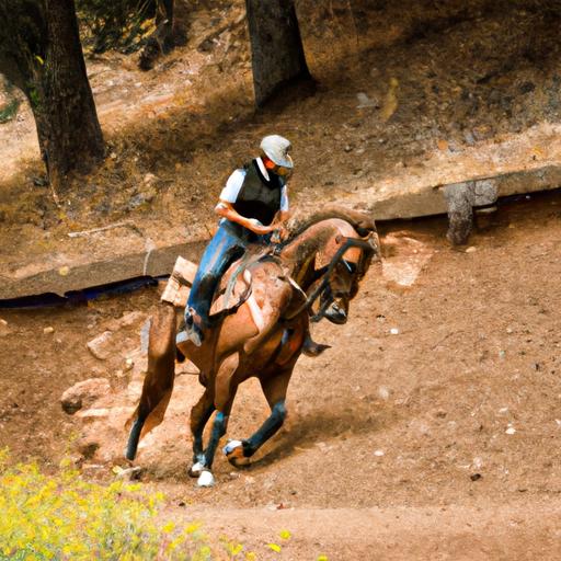 The skillful navigation of riders and horses through treacherous terrain at the mountain trail horse competition.