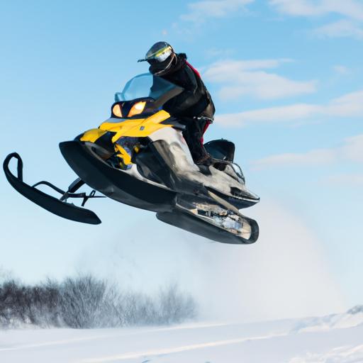 Adrenaline-pumping snowmobiling stunt amidst the winter landscape.