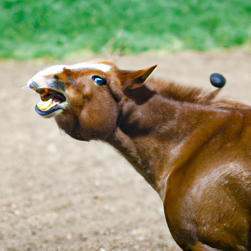 An aggressive horse showing signs of hostility with bared teeth and pinned ears.