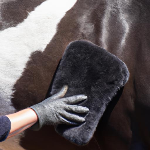 Brushing a horse's coat with a specialized grooming mitt