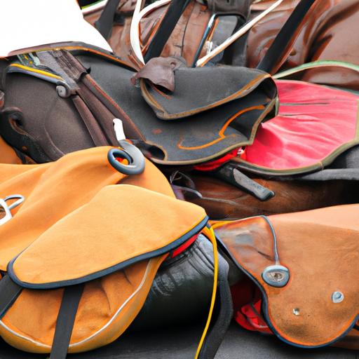 A selection of equestrian endurance equipment on display.