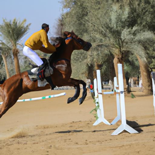 A rider triumphantly clearing a show jumping obstacle in Egyptian horse sport
