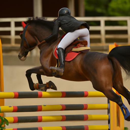 A skilled equestrian gracefully clearing an obstacle in a show jumping challenge.