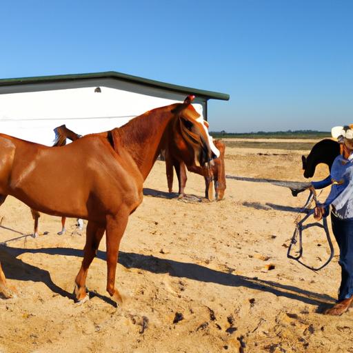 An expert trainer guiding a horse through a challenging obstacle course at my Texas ranch horse training center.
