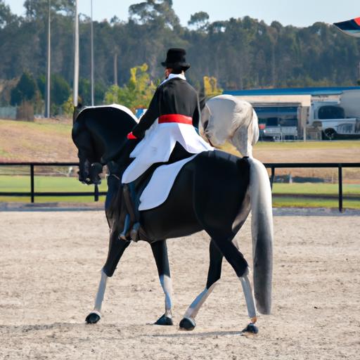A dressage rider and horse executing a flawless movement during a competition in Victoria.