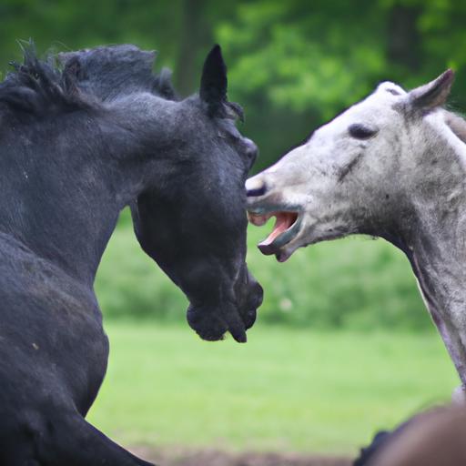 A playful horse engaging in mock aggression, showcasing their energetic and spirited nature.