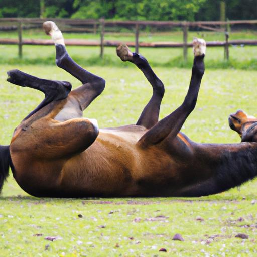 A horse joyfully rolling and kicking up its legs, enjoying a playful moment of pure bliss.