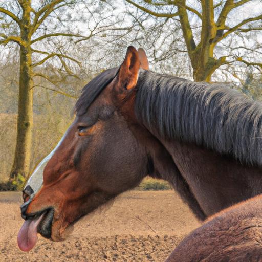 A horse finding comfort and relaxation through licking and chewing