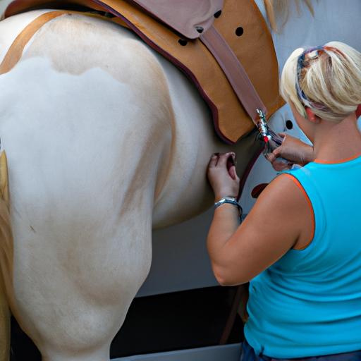 A skilled groomer from a mobile horse grooming service giving attention to detail while trimming a horse's mane and tail.