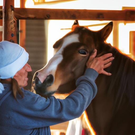 A horse caretaker forming a deep connection with a beautiful chestnut mare.