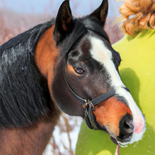 A horse with a well-maintained winter coat grazing in a snowy field