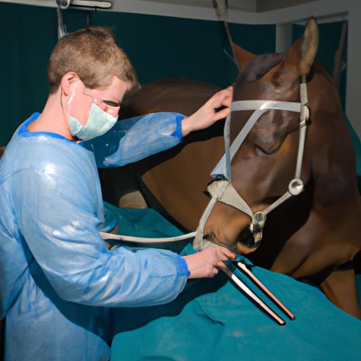 A skilled veterinarian conducting colic surgery on a horse