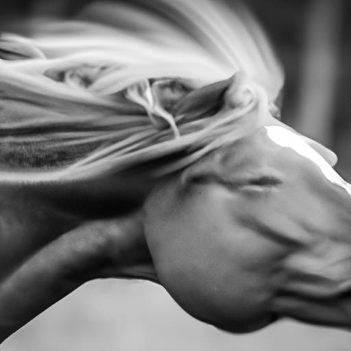 A horse struggling with head shaking syndrome, shaking its head vigorously during movement.