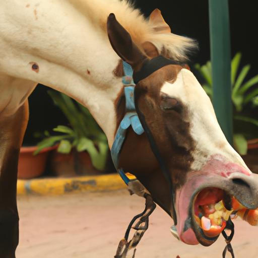 A horse with parrot mouth experiencing difficulties while chewing its food.