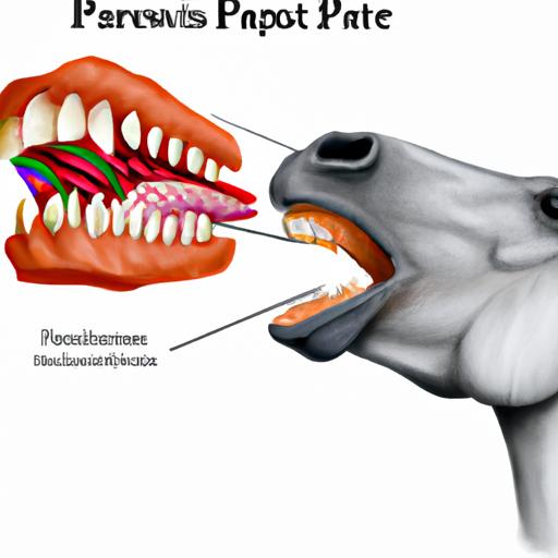 Illustration showcasing the overgrown upper incisors, a common feature of parrot mouth in horses.