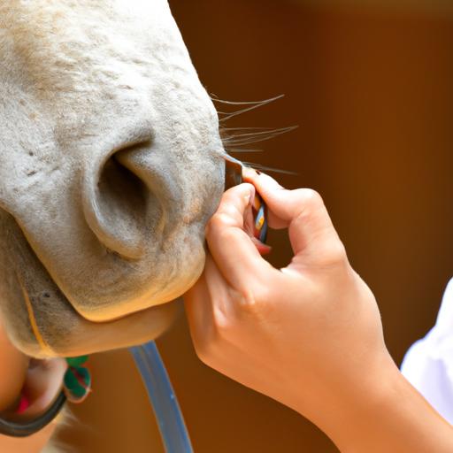 A veterinarian performing a dental examination on a horse with parrot mouth, assessing the misaligned teeth.