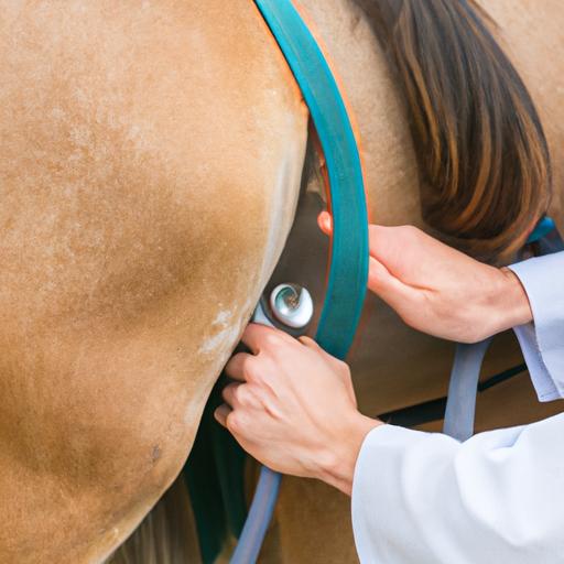 A veterinarian examining a horse for signs of an umbilical hernia.