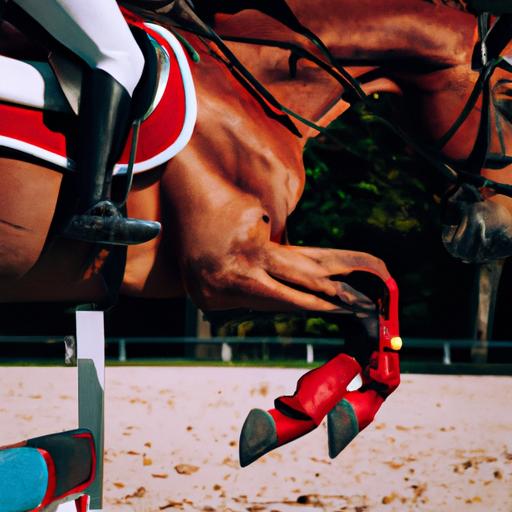 Red sport boots elevate this horse's jumping prowess to new heights.