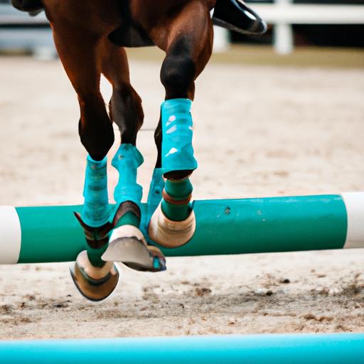 A horse effortlessly gliding over a hurdle with teal sport boots, highlighting the excellent support and impact absorption they offer.