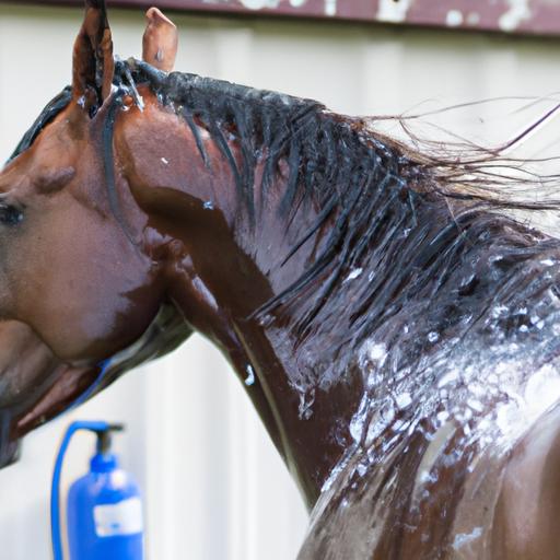 A contented horse enjoying a soothing bath with ultra horse grooming shampoo.
