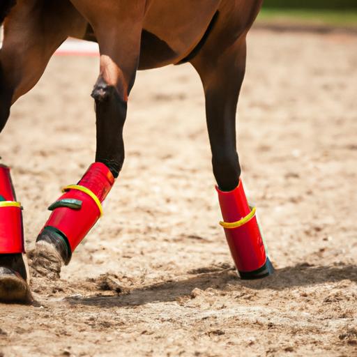 Equipped with red sport boots, this horse is ready to conquer any equestrian challenge.