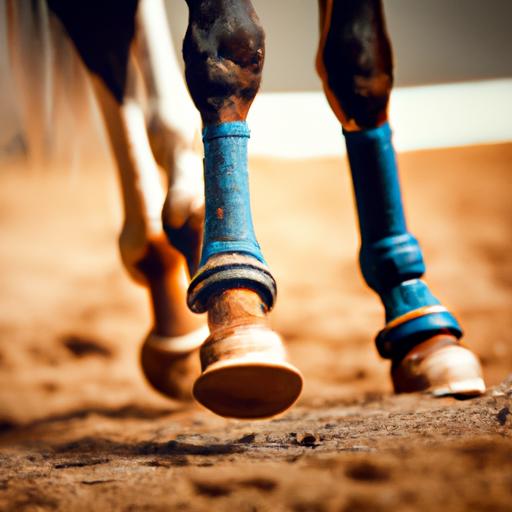 A horse galloping on a grassy field with vibrant blue sport boots to safeguard its legs.