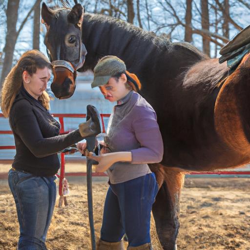 A skilled horse trainer guiding an apprentice in horse grooming techniques.