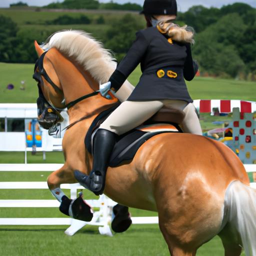 A skilled equestrian effortlessly guides their horse through a challenging course at the Yorkshire Sport Horse Show.