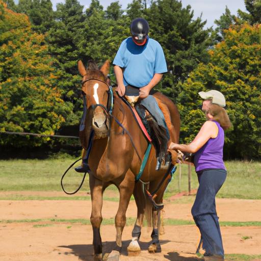 A young rider learning the fundamentals of horse training with a patient and experienced trainer.