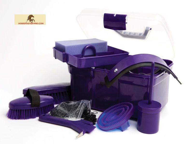 Essential Tools and Accessories in a Purple Horse Grooming Kit
