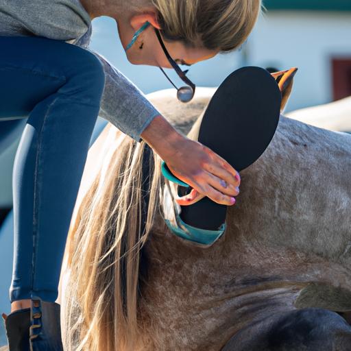 A female horse groom ensuring the health of a horse's hooves through meticulous cleaning.