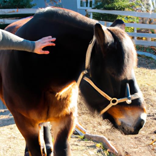 A devoted caretaker guiding a blind horse with trust and compassion.