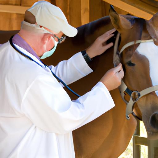 A veterinarian carefully examining a blind horse to ensure its overall health and well-being.