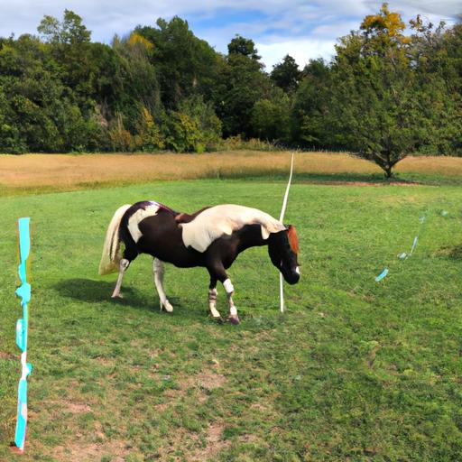 A blind horse confidently navigating a pasture equipped with tactile markers for enhanced safety.