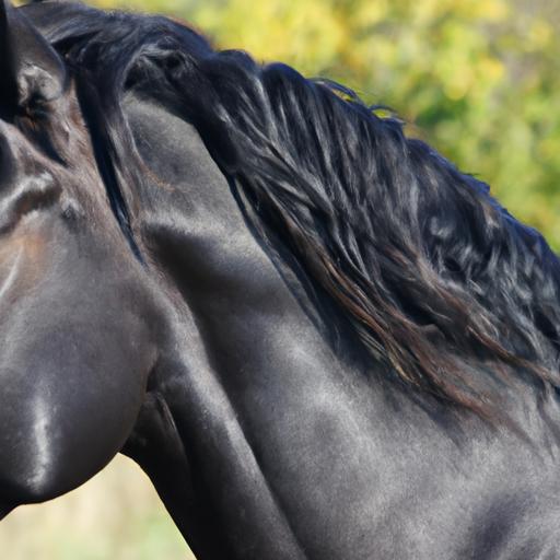 The striking beauty of a Friesian horse with its glossy black coat and flowing mane.