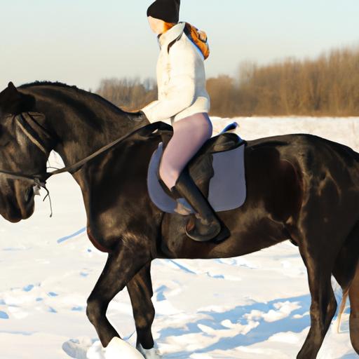A rider wearing insulated boots and thermal riding breeches for a cozy winter horse riding session.