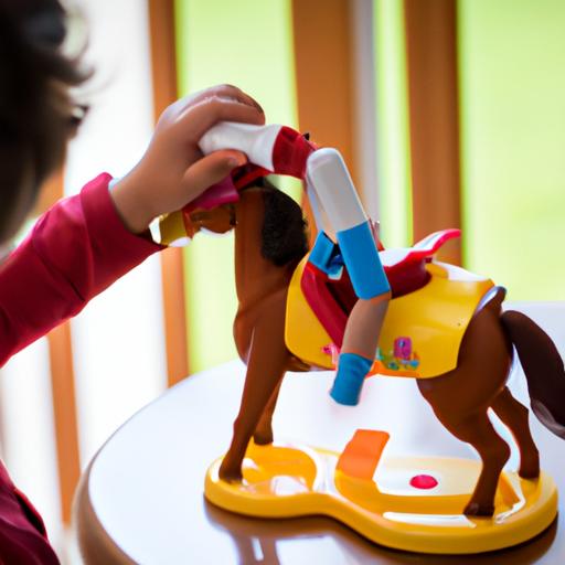 A young boy demonstrating his imaginative play skills with a Playmobil horse grooming set.