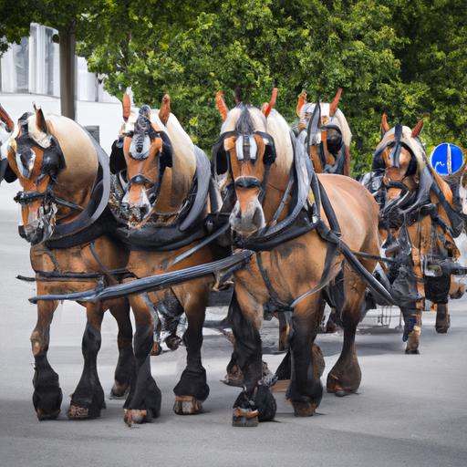 A team of strong Danish Jutland horses showcasing their pulling power in a traditional carriage.