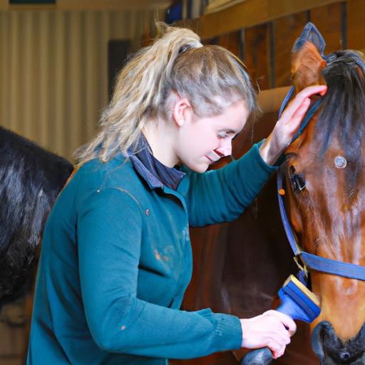 Apprentice showcasing their expertise in horse grooming.