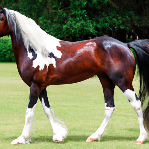 Admire the unique and beautiful coat patterns of a Pinto Friesian Sport Horse.