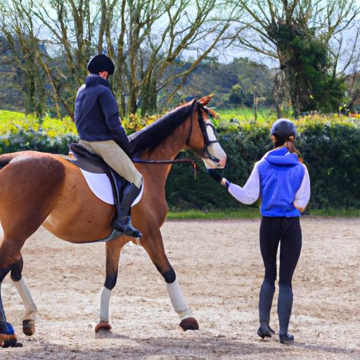 A dedicated equestrian trainer providing expert guidance during a horse riding lesson at Horse Sport Ireland.