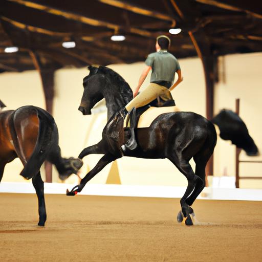 Equestrians showcasing their expertise and grace during a training session at the Royal Sport Horse Complex arena.