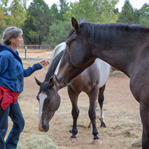 An experienced horse care specialist ensuring the well-being of a group of horses at an equestrian center.