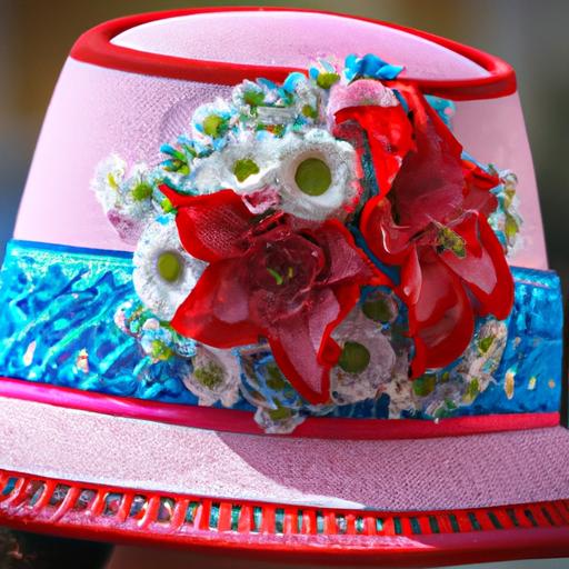 A stunning flower-adorned hat, adding a touch of elegance to horse racing attire