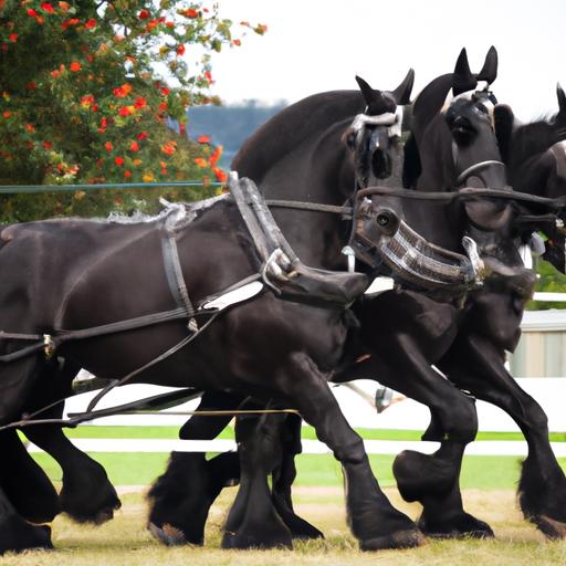 Experience the splendor of Friesian horses as they showcase their strength in driving competitions.