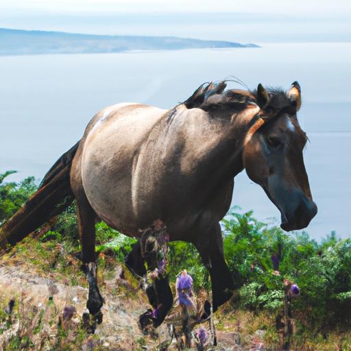 A Galician horse showcasing its strength and grace while traversing a scenic coastal trail.