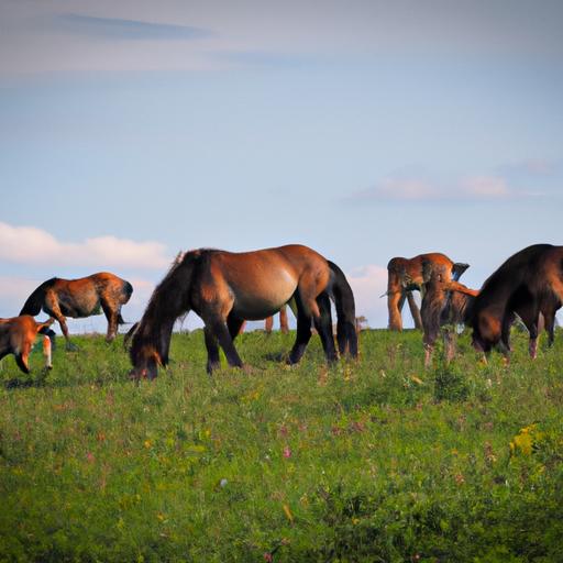 Nokota horses enjoying a serene moment as they graze on lush green grass.