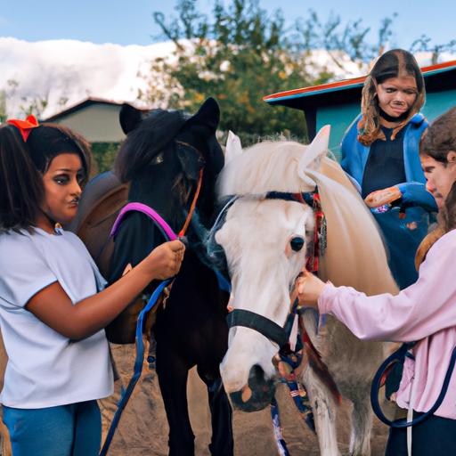 Girls taking care of their ponies with love and dedication, preparing for a fun-filled ride.