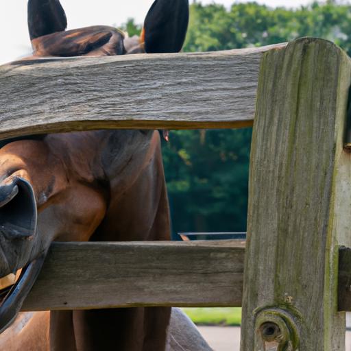 A horse gnawing on a wooden fence, exhibiting destructive biting behavior.